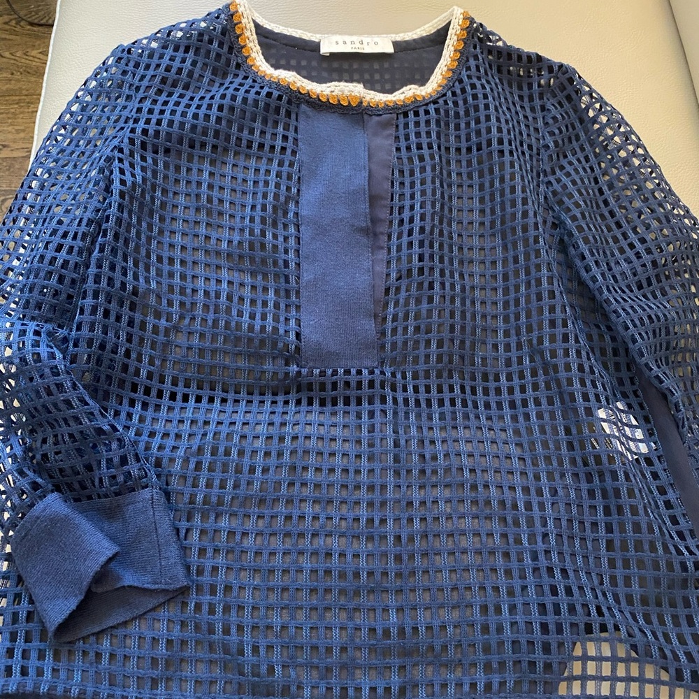 Sandro fishnet top with drtails and silk chiffon